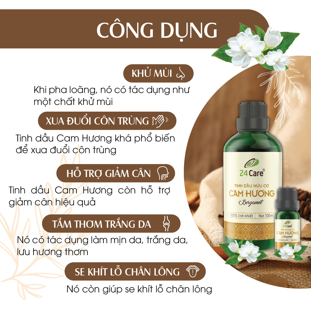 Tinh dầu Cam Hương 24Care 100ML - Chiết xuất thiên nhiên, mùi hương ngọt dịu, giảm căng thẳng, cho giấc ngủ ngon.