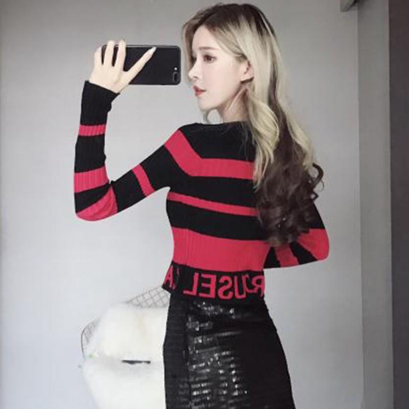 Áo thun nữ tay dài kẻ sọc in chữ phong cách Hàn Quốc