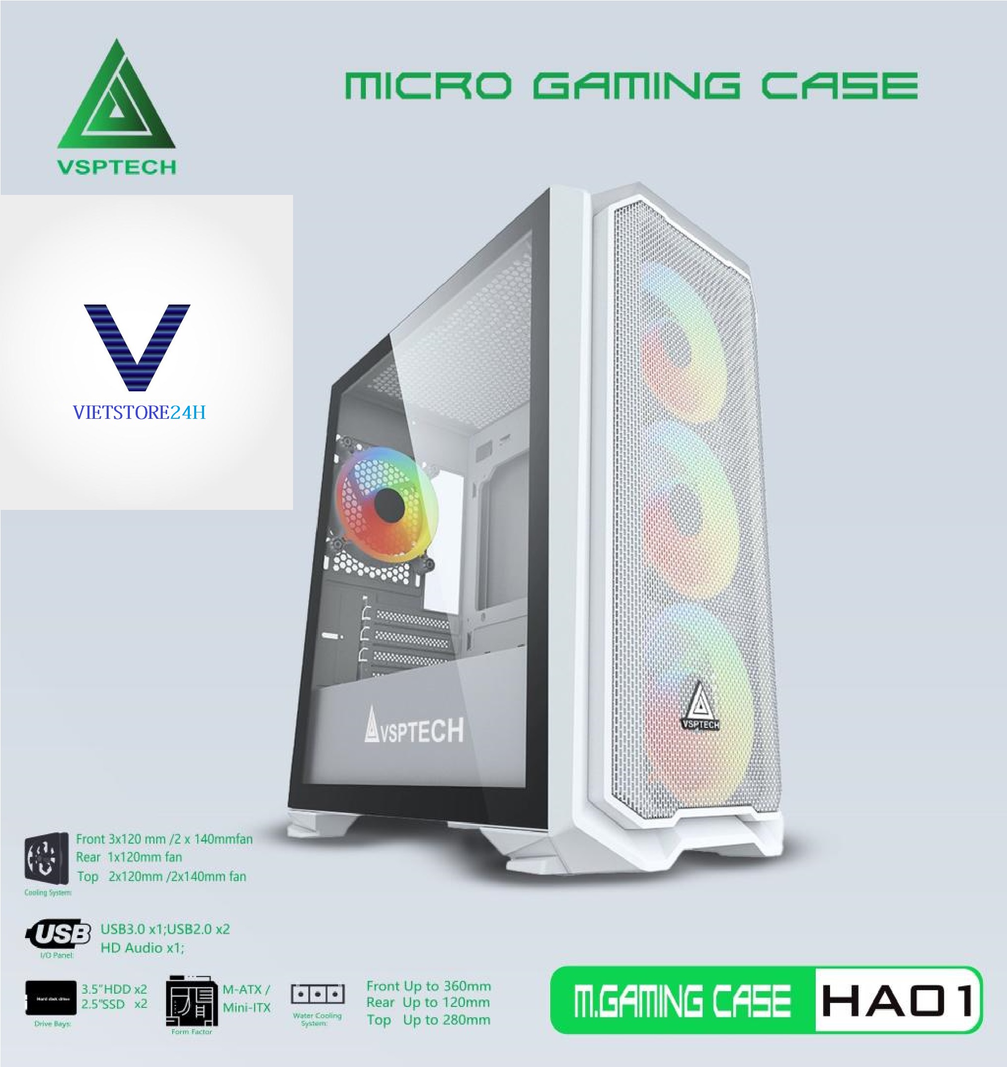 Case Gaming VSP HA01 Mini Tower (Trắng) - Hàng chính hãng