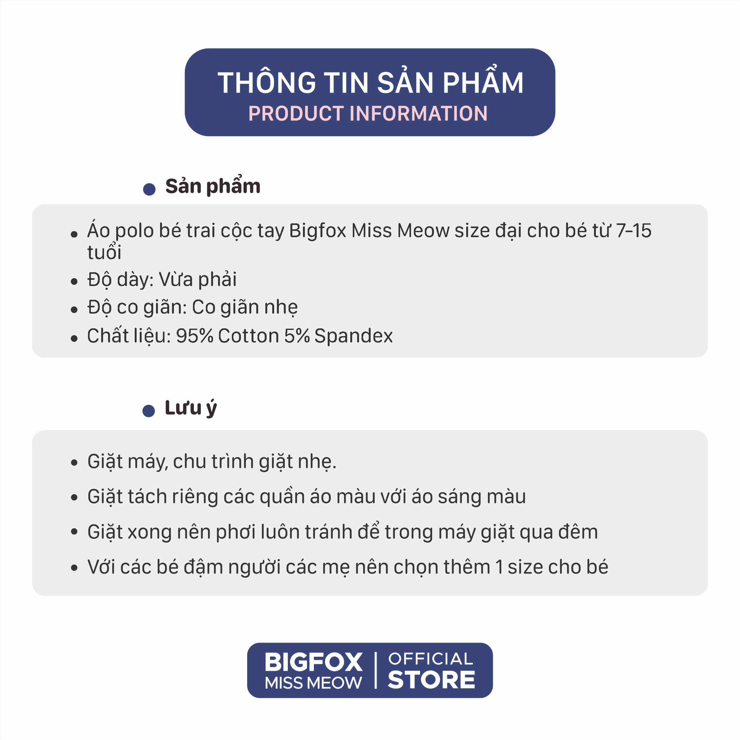Áo polo bé trai ngắn tay Bigfox Miss Meow size đại sơ mi trẻ em nam thun cotton cá sấu cỡ 7-15 tuổi