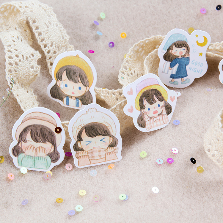 Sticker hộp 45 miếng dán - Cô Bé Mũ Hồng - Hộp nhãn dán trang trí sổ tay bullet journal - M048