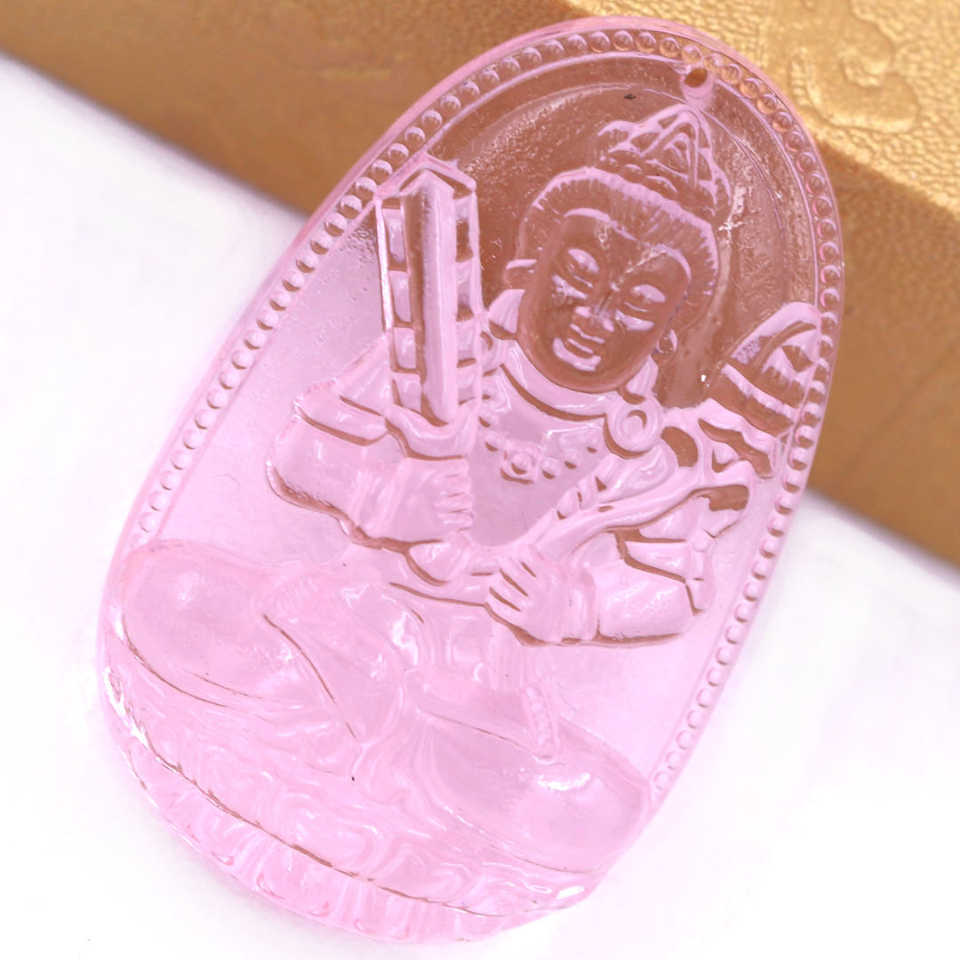 Mặt Phật Hư không tạng pha lê hồng 1.9cm x 3cm  kèm vòng cổ dây cao su đen + móc inox vàng, Phật bản mệnh, mặt dây chuyền