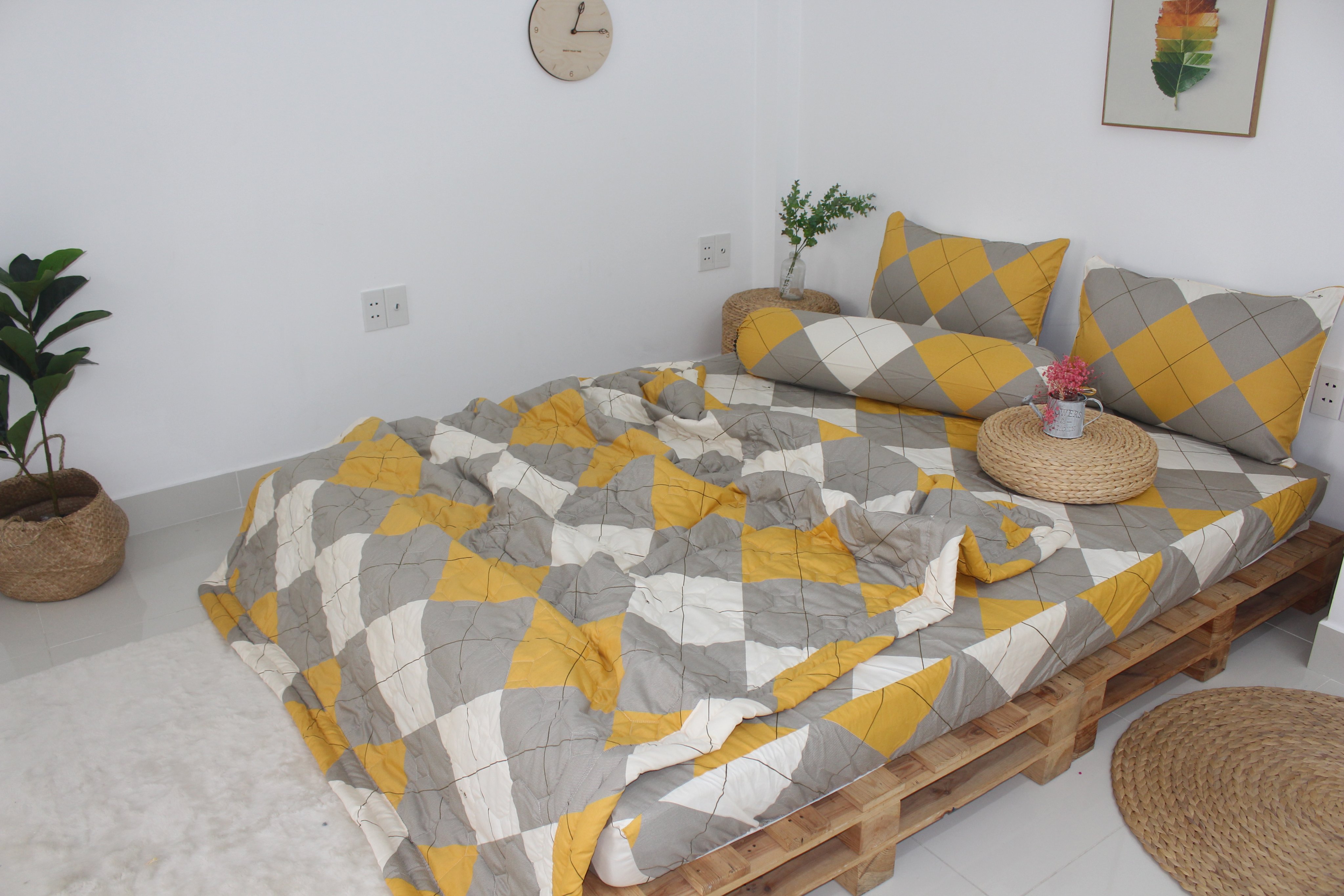 Bộ Drap Gối Cotton -Mẫu Tam giác Vàng - vải dày dặn, mát mẻ, siêu thấm mồ hôi