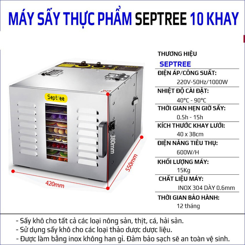 Máy sấy thực phẩm 10 khay chuyên nghiệp dung tích lớn 59 lít thương hiệu Mỹ Septree ST-01 công suất 1000W - Hàng Chính Hãng