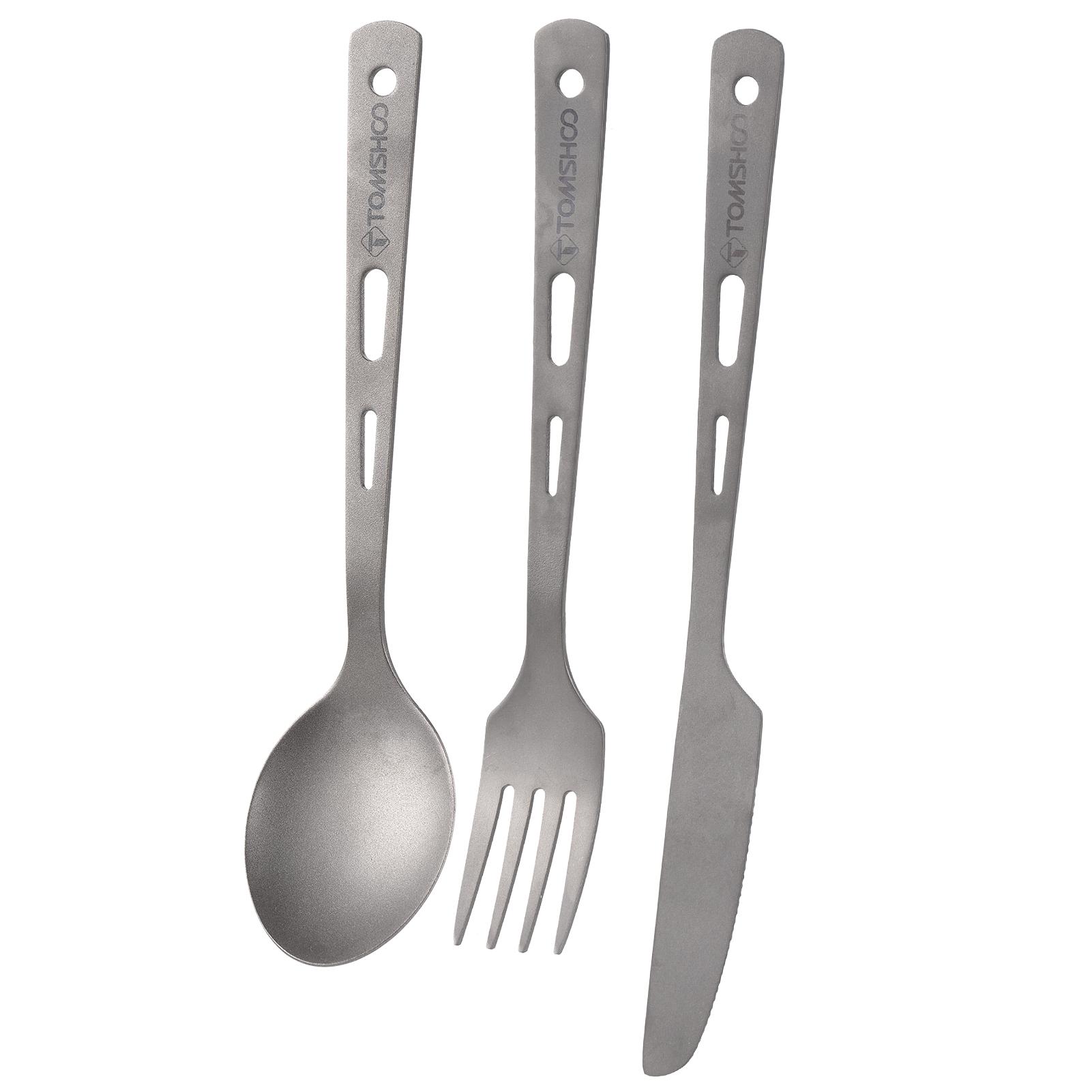 TOMSHOO Titanium 3 Piece Cutlery Set Lightweight Spoon Fork Cutter with Carabiner and Drawstring Sack for Outdoor Camping Hiking Backpacking Picnics Tableware
