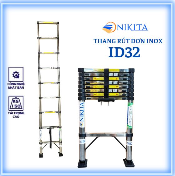 Thang Nikita  inox rút đơn 3,2 m tiện cất gọn, di chuyển, chống trượt an toàn, tải trọng đến 150kg