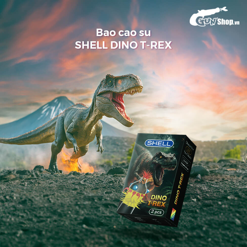 Bao cao su Shell Dino T-rex - Hộp 2 cái - 1 bao nhiều vòng gai, bi nổi lớn + 1 bao Shell Performax