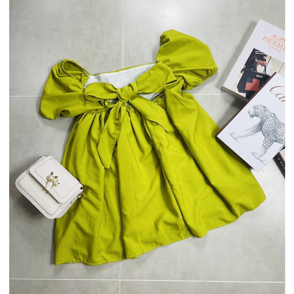 Đầm Babydoll cổ Vuông xếp ngực cột nơ lưng 2 lớp vải dày dặn , váy babydoll ulzzang Hàn Quốc trên gối dáng xòe bánh bèo