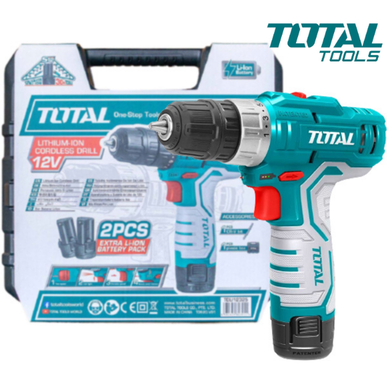 Bộ máy khoan, vặn vít dùng pin 12V có kèm bộ tua vít 13 chi tiết TOTAL TOSLI22111 - Kèm 2 viên pin 1.5Ah, có đèn led tích hợp, pin bền, công suất lớn