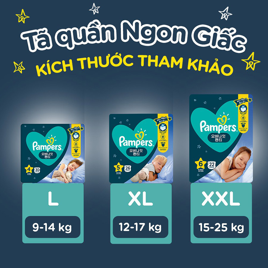 Tã/ Bỉm Quần PAMPERS Ngon Giấc, Size L(30 miếng, 9-14kg)/ XL(26 miếng, 12-17kg)/ XXL(22 miếng, 15-25kg) Mềm Mại Khô Thoáng Đến Sáng