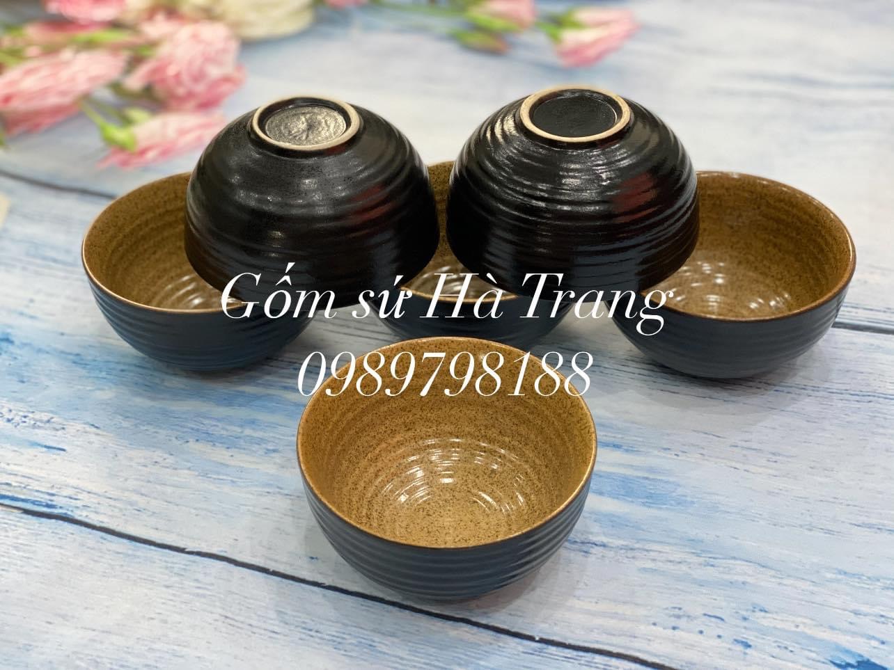 Bát cơm gốm sứ Bát Tràng cao cấp men đen lòng nâu gốm hạt tiêu phong cách Nhật