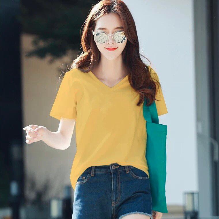 Áo thun nữ trơn cổ tim form rộng thun cotton 4 chiều