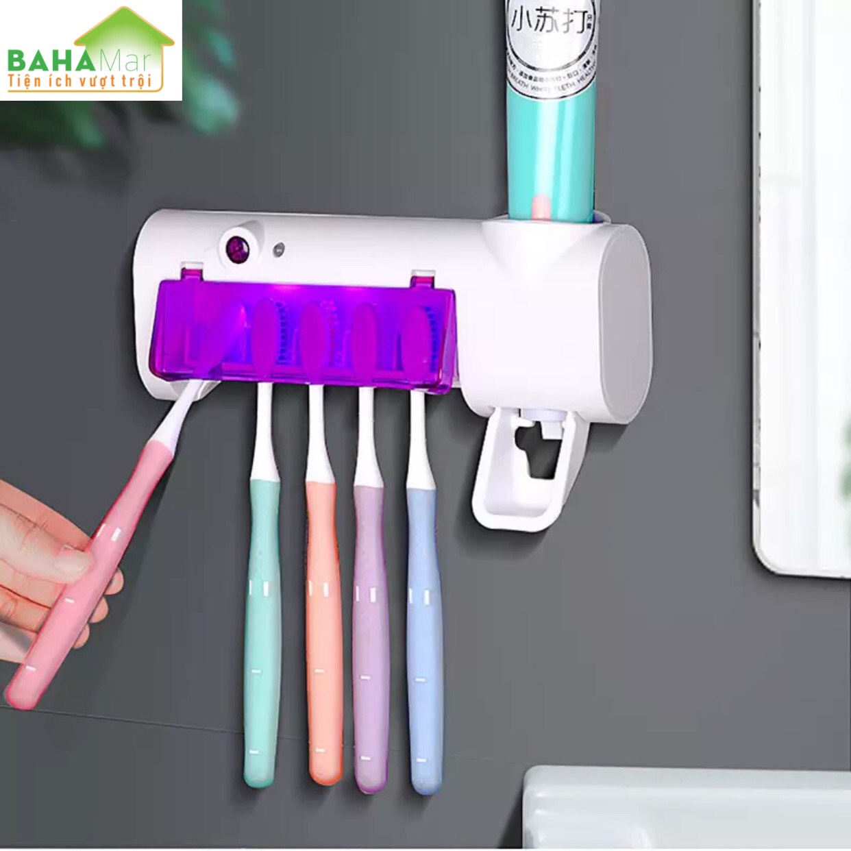 GIÁ TREO 3 TRONG 1 CÓ KHỬ KHUẨN TIỆT TRÙNG BÀN CHẢI ĐÁNH RĂNG VÀ TỰ ĐỘNG VẮT NHẢ KEM ĐÁNH RĂNG "BAHAMAR" khử 99,00% vi khuẩn gây sâu răng, gây hôi miệng