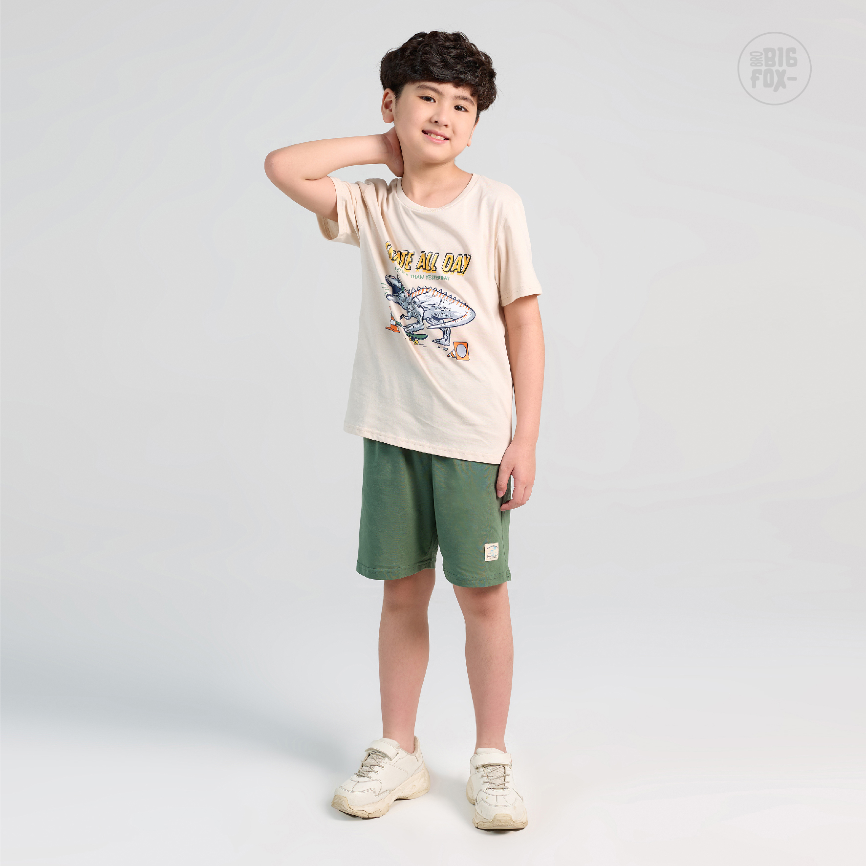 Bộ Quần Áo Bé Trai Bigfox, Bộ Cộc Tay Trẻ Em Mùa Hè Chất Cotton Mát In Hình Khủng Long Skate