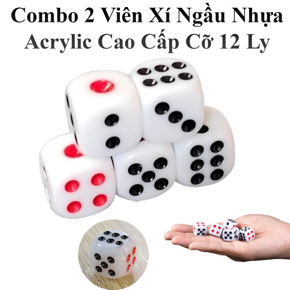 Combo 2 Viên Xí Ngầu Xương Nhựa Acrylic Cao Cấp Chất Lượng Cao Cỡ 12 Ly (12Mm)