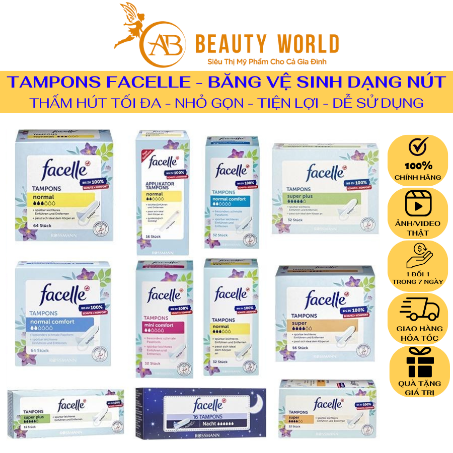 BĂNG VỆ SINH Tampon FACELLE - Siêu Thấm Hút - Nhỏ Gọn - Dạng Nút Chai - Hàng Nhập Khẩu Đức - Tampons