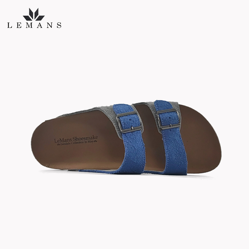 Dép Da Nubuck Phối 2 màu Xanh-Xám Đế Trấu Quai Ngang LEMANS May Sandals - Blue&amp;Grey. Quai điều chỉnh. Bảo hành 6 Tháng