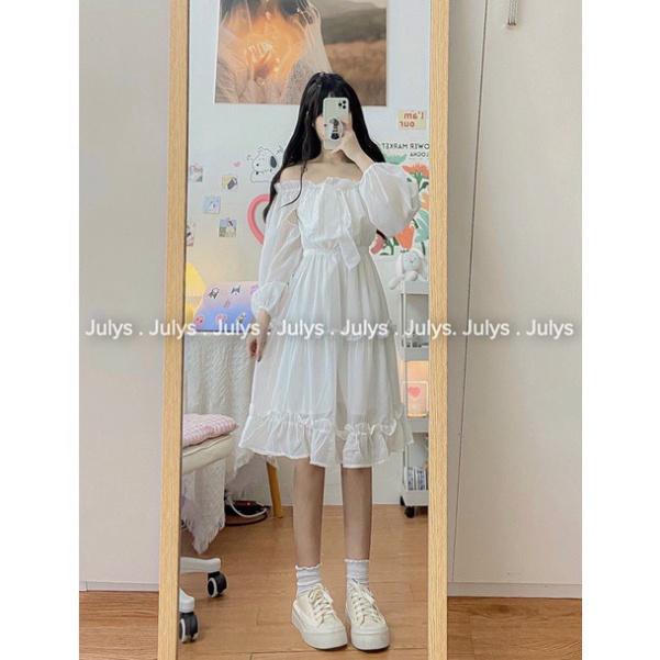 váy trễ vai trắng tay bồng dáng dài, đầm trễ vai tiểu thư dự tiệc chất đẹp, ulzzang xinh xắn