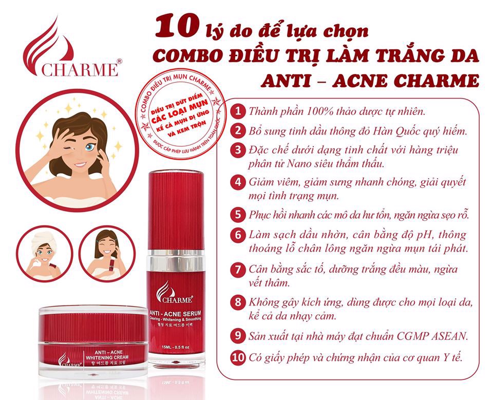 Combo Ngừa Mụn Trắng Da Charme Hàn Quốc