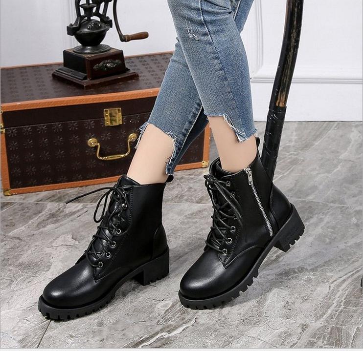 Giày boot nữ đế vuông cá tính cao 5cm khóa kéo kết hợp cột dây cá tính B145