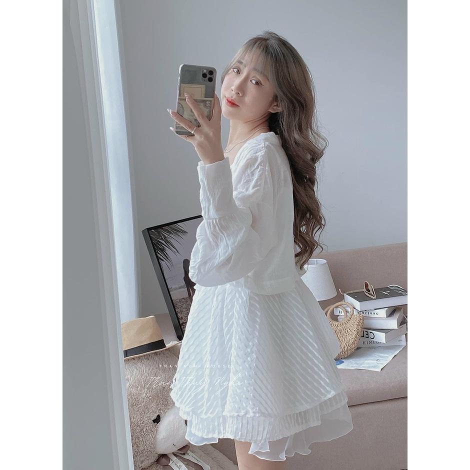 Set đầm 2 dây trắng đan dây ngực kèm khoác