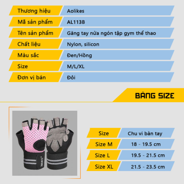 Găng tay nửa ngón tập gym, tập tạ Aolikes AL113B