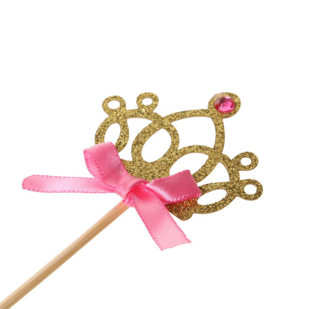 10pcs/set Crown Cake Topper Cupcake Picks with Ribbon Pink and Gold