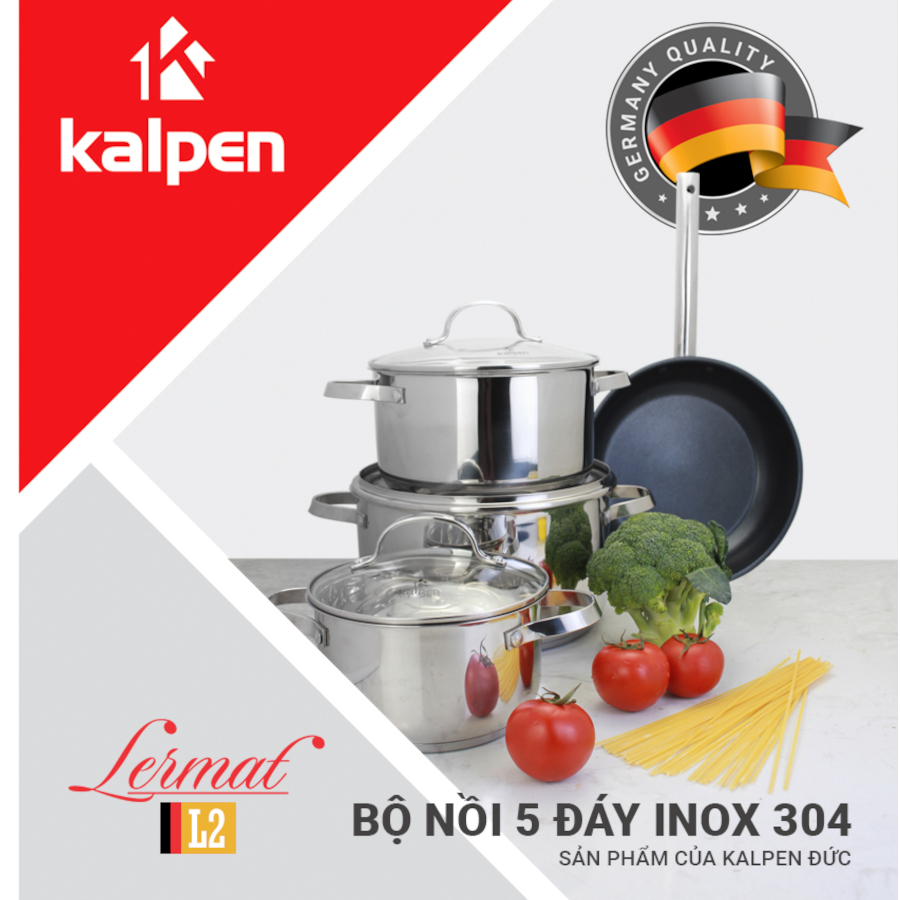 Bộ nồi chảo inox 304 cao cấp 5 đáy Kalpen Lermat L2 chuẩn công nghệ Đức gồm 3 nồi 18/22/26cm và chảo chống dính 26cm - Hàng chính hãng