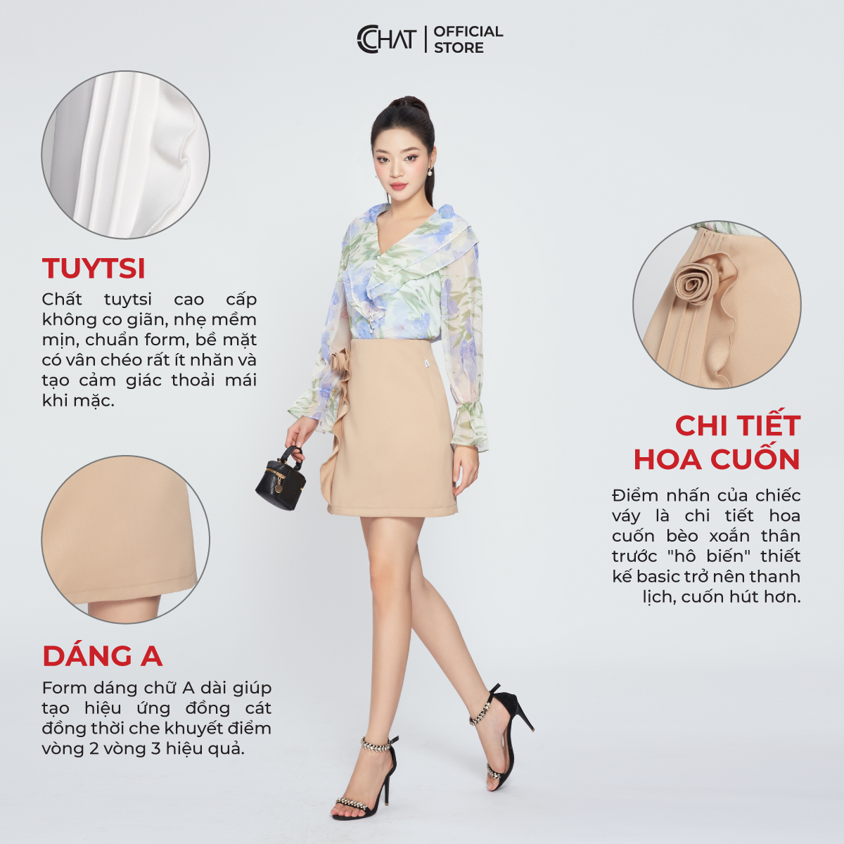 Chân Váy Dáng Ngắn Chữ A Cuốn Hoa Chất Tuytsi Cao Cấp 13CNS2006AT
