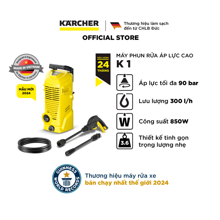 (Mới 2024) Máy phun rửa áp lực cao K 1 - Công suất 850W, áp lực tối đa 90 bar - Làm sạch, vệ sinh xe máy, ban công - Hàng Chính Hãng