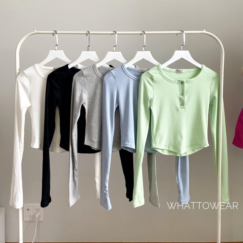 Áo croptop tay dài xỏ ngón thun gân 4 chiều dày mịn cài nút vạt bầu