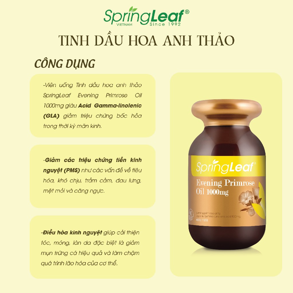 Tinh Dầu Hoa Anh Thảo Hỗ Trợ Cân Bằng Nội Tiết Tố Điều Hòa Kinh Nguyệt Evening Primrose Oil Springleaf Lọ 90/180 Viên