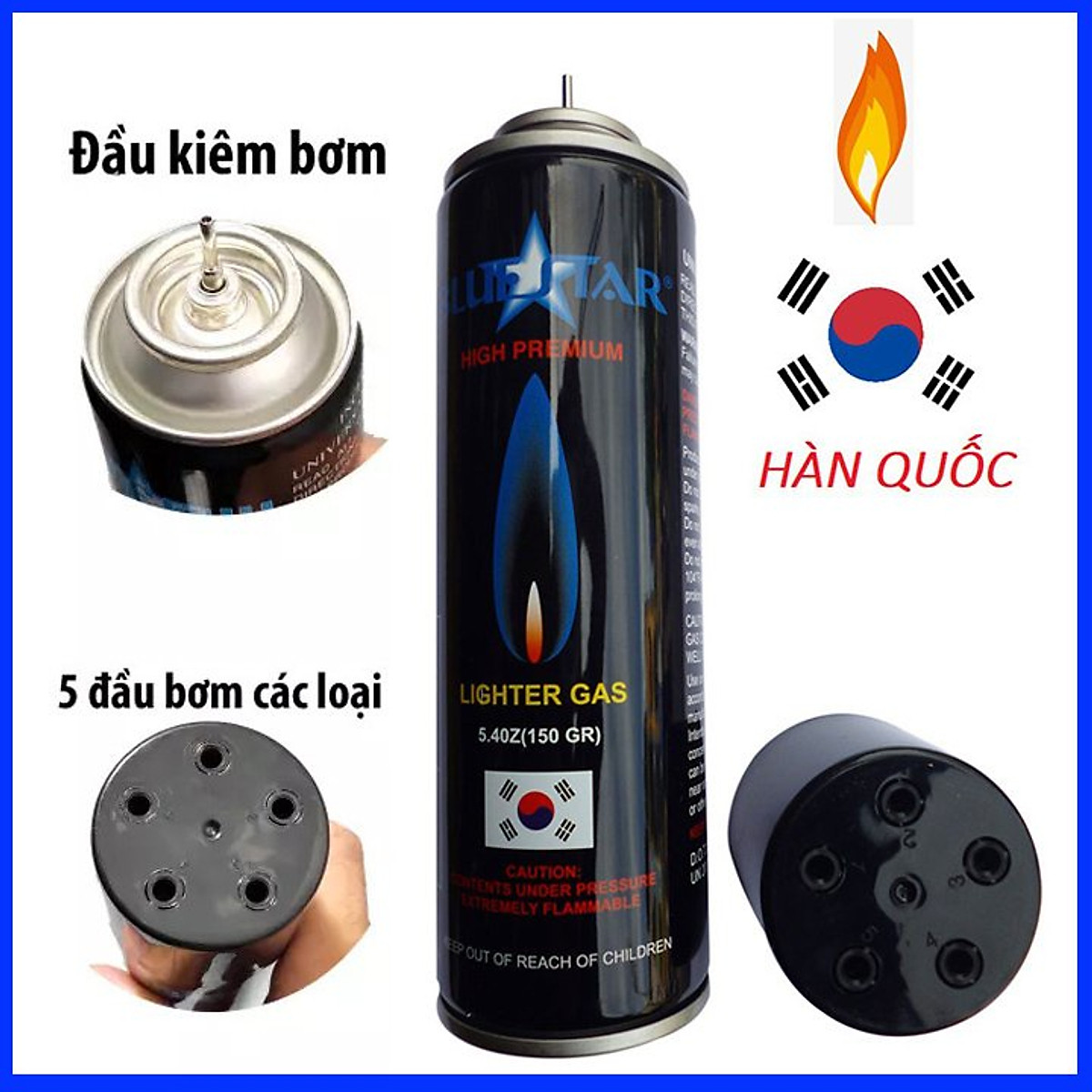 Bình ga Blue Hàn Quốc 150 gram cho bật-lửa-hộp-quẹt kèm 5 đầu bơm