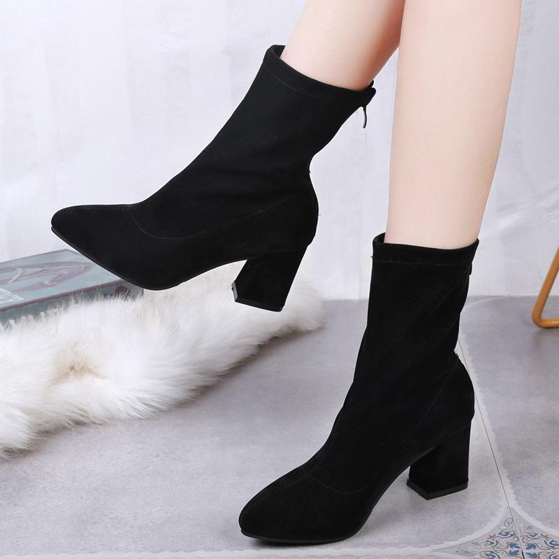 Giày Nữ Mũi Nhọn Ngắn Giày Cao Gót Stovepipe Gót Dày Co Giãn Tất Giày Giày Bốt Martin Nữ Dây Kéo Sau Lưng