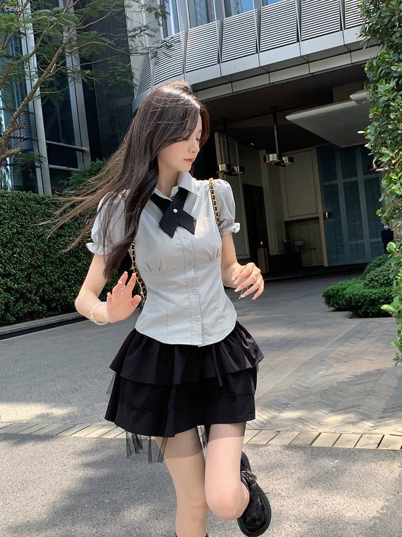 ĐẦM SET CHÂN VÁY NGẮN XẾP LY TẦNG DÂY TENNIS LƯỚI + ÁO SƠ MI ÔM BODY TAY NGẮN TRƠN COSPLAY HỌC SINH ĐI CHƠI DẠO PHỐ