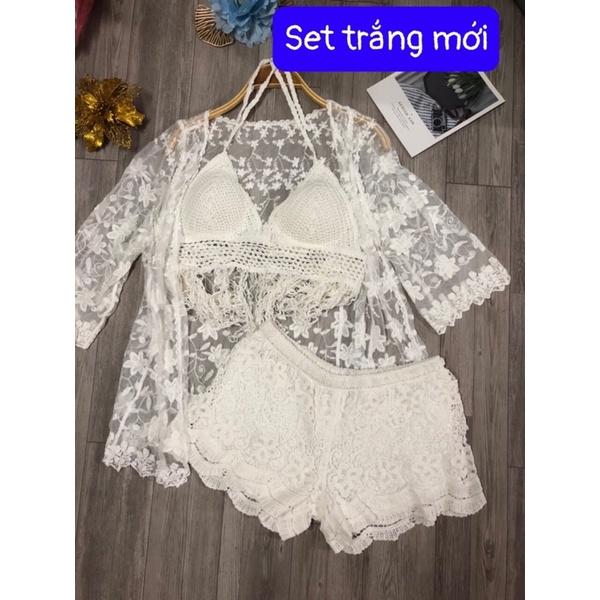 03-Set bikini ren 3 món đi biển - áo bra- quần sóc- áo choàng