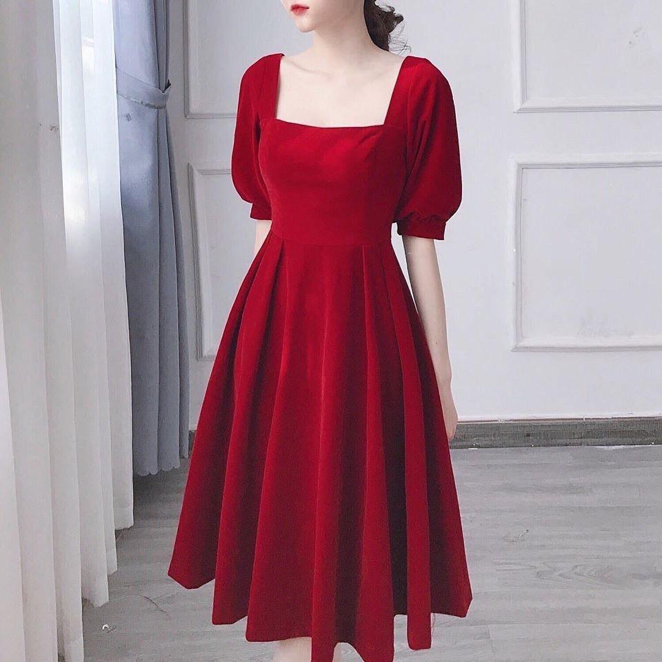 Váy Đầm Xòe Cổ Vuông Tay Phồng Ôm Eo Chất Liệu Vải Umi Thời Trang Nữ Mẫu Free Size Dưới 56kg