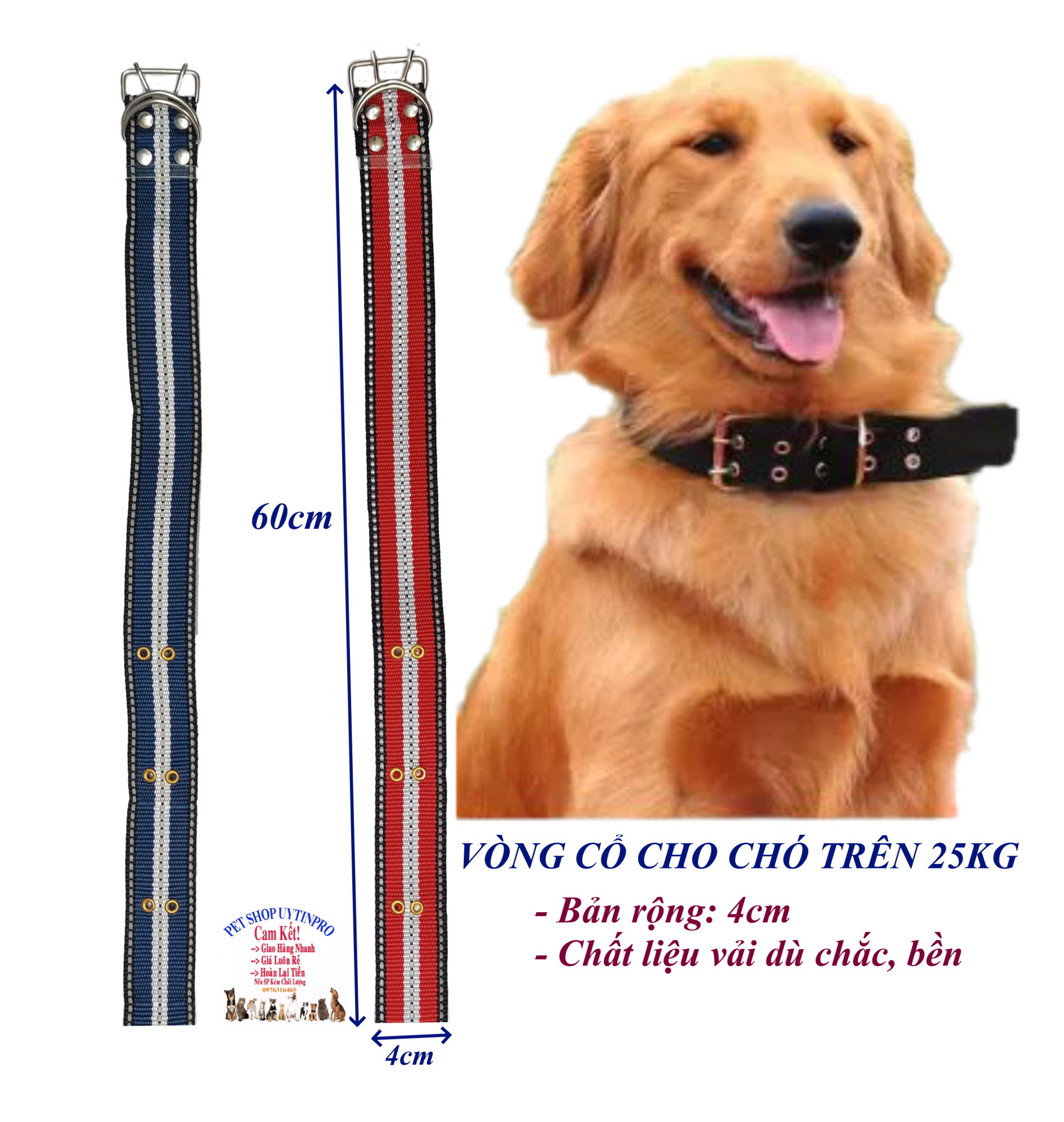 Vòng cổ cho Chó trên 25kg Bản rộng 4cm Chất liệu vải dù bền chắc, Có gài điều chỉnh, An toàn cho thú cưng