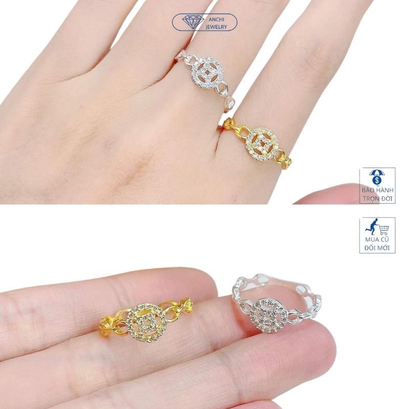 Nhẫn kim tiền chữ vạn đính đá bạc mạ vàng cho nữ, Anchi jewelry