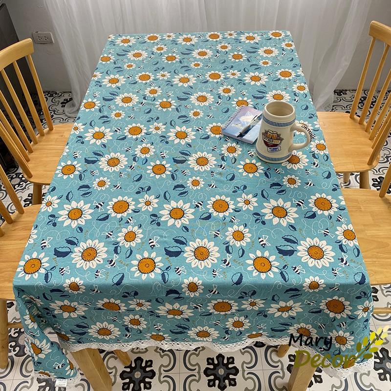Khăn trải bàn Mary Decor trang trí bàn ăn đậm chất vintage - họa tiết Hướng dương xanh KB-M07