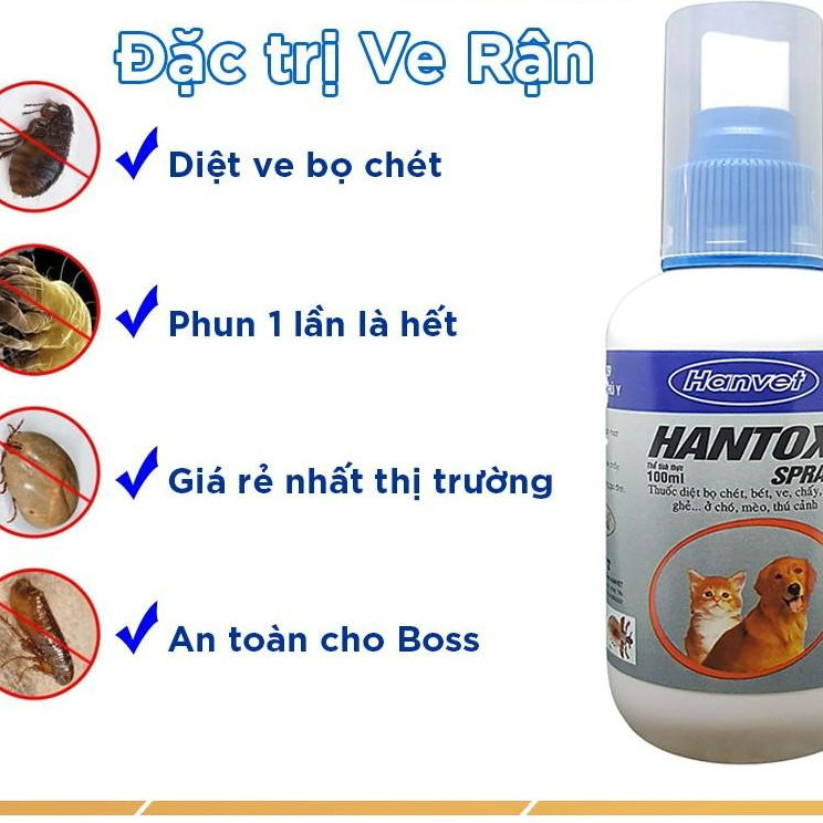 Thuốc Xịt Trị Ve Ghẻ, Bọ Chét Cho Chó Mèo - Hantox 100ml