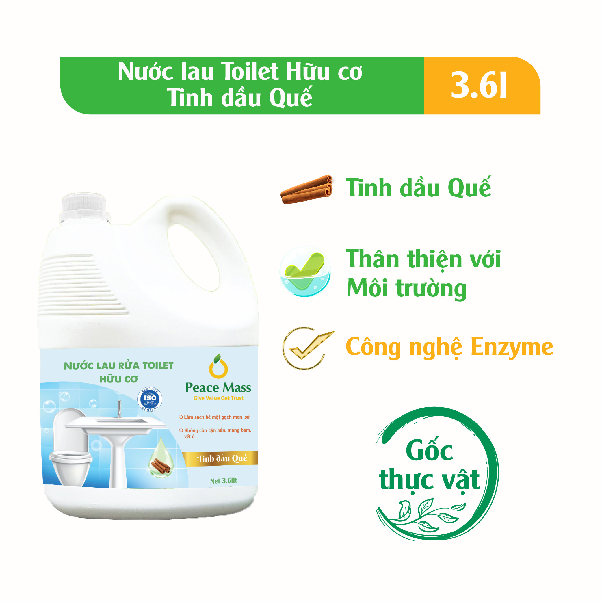 Nước Cọ Rửa Toilet Gốc Thực Vật Peace Mass Tinh dầu Quế (Thuộc nhóm Sản phẩm Lành tính / Hữu cơ) Can 3.6 Lít