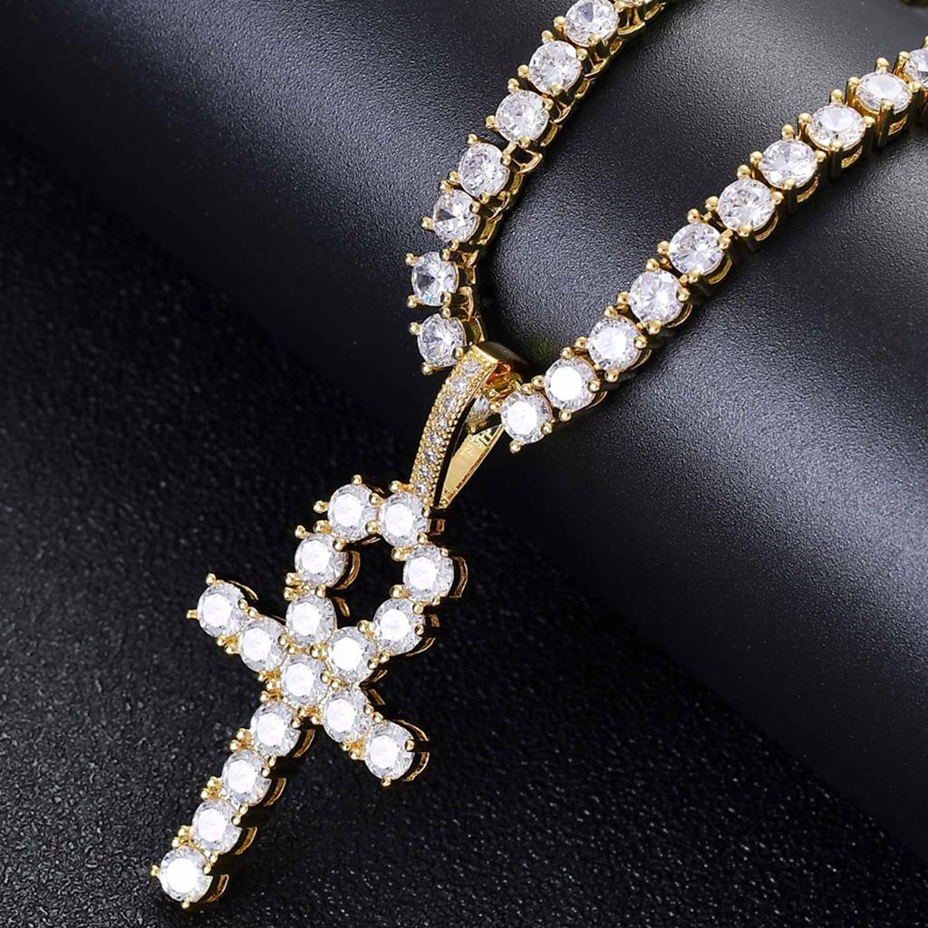 Necklace with Key Cross Pendant Zircon Jewel Accessory for Women Men Golden