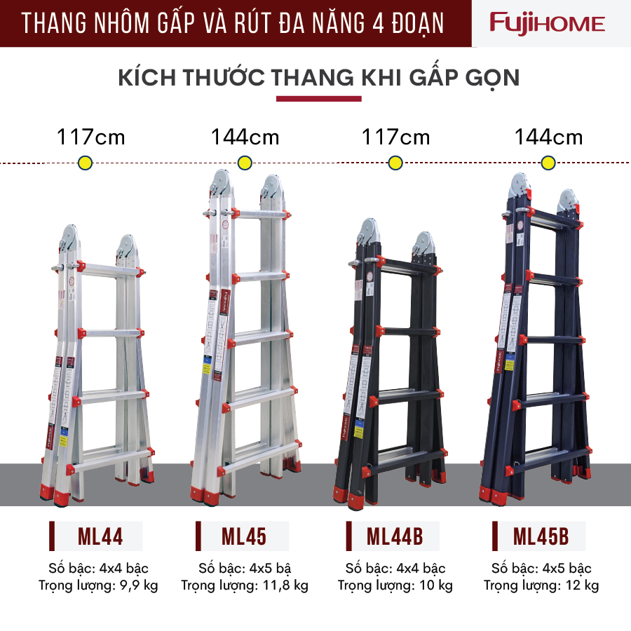 Thang nhôm FUJIHOME ML44 gấp và rút đa năng 4 đoạn, Cao tối đa 4m, Xếp nhiều hình dáng