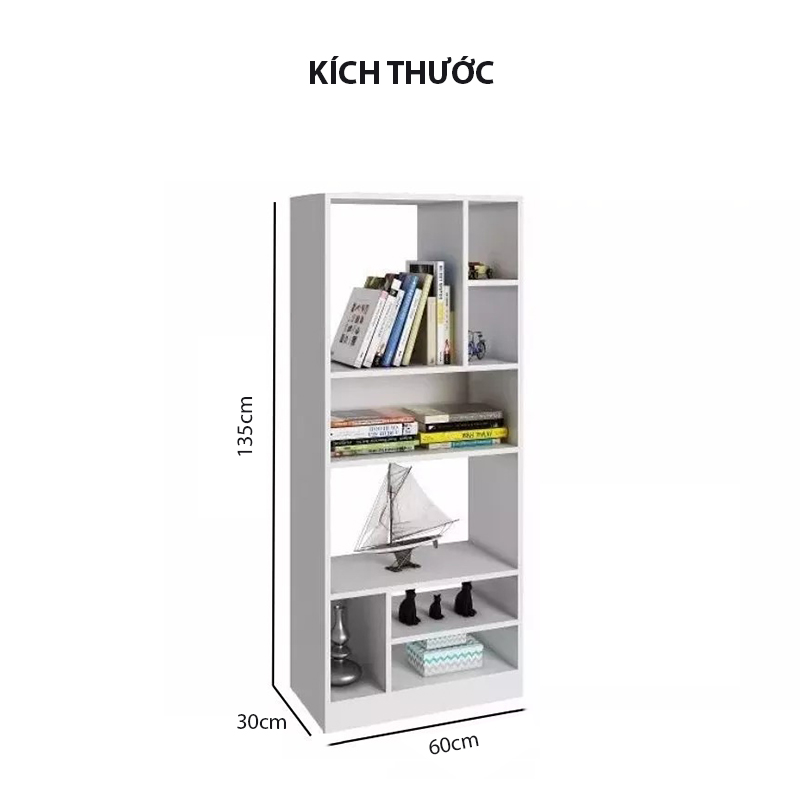 Tủ Sách Gỗ Với Thiết Kế Đơn Giản Gồm 8 Ngăn Kệ SIB Decor, Dễ Dàng Lắp Đặt, An Toàn Với Pát Chống Đổ Kệ