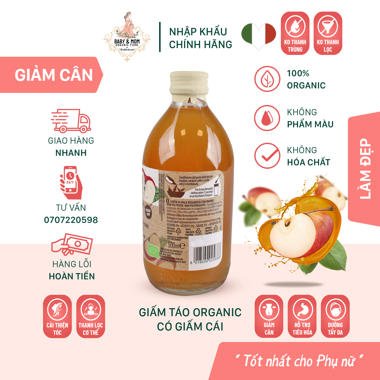 Giấm Táo Hữu Cơ Có Giấm Cái 500ml ProBios