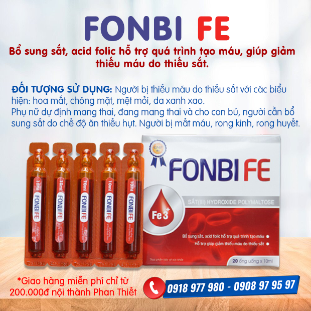 FONBI FE ỐNG - Bổ sung sắt, acid folic hỗ trợ quá trình tạo máu, giúp giảm thiếu máu do thiếu sắt.
