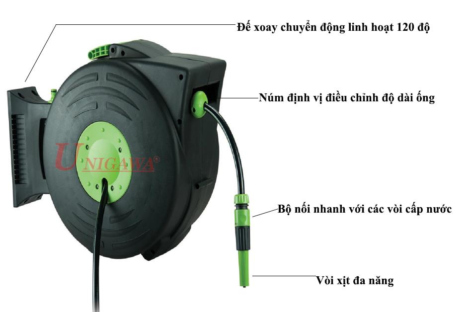 Bộ vòi treo tường tưới cây, rửa sân, ban công thu dây tự động vào lô cuốn UNIGAWA dây dài 15mét kèm phụ kiện
