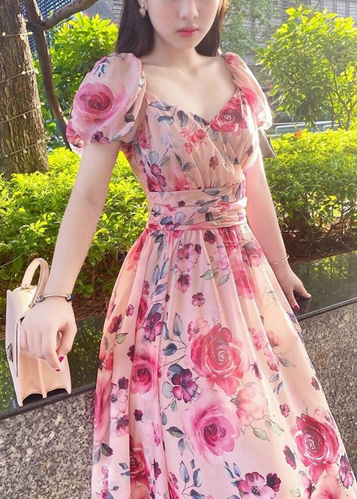 Đầm Xòe Tay Phồng Lụa Cao Cấp In Hoa Thời Trang