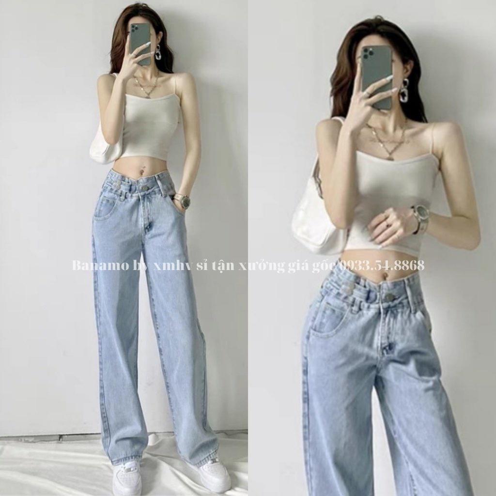 Quần jean nữ ống rộng cạp cao phối móc khóa cực chất thời trang Banamo Fashion jean nữ ống rộng phối kiểu móc khóa 9611